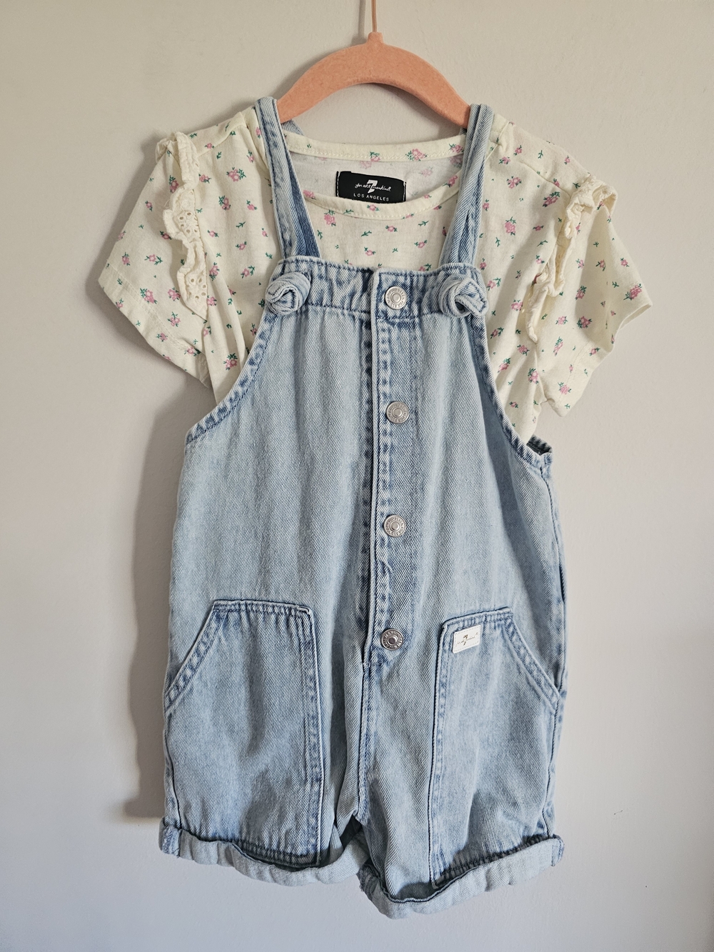 7 For All Mankind Light Blue Denim Overalls with Floral Tee